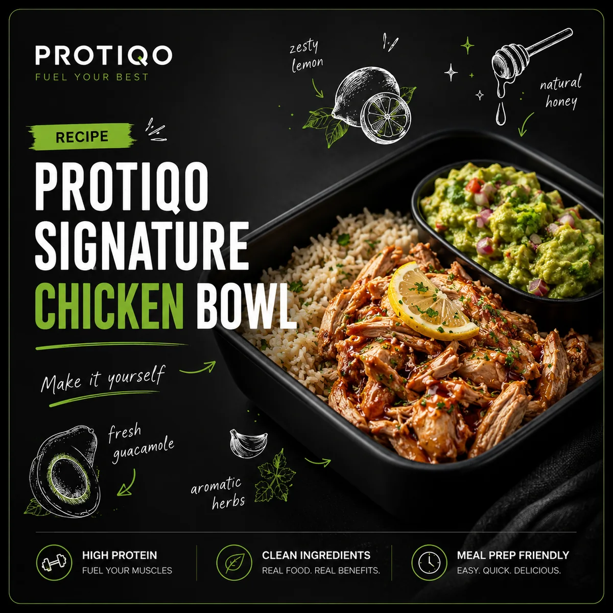 Signature Chicken Bowl de PROTIQO con pollo glaseado, arroz y guacamole